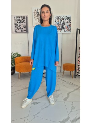 İndigo Mavisi Renk Cepli Pamuklu Viskon Kumaş Şalvar Formlu Takım