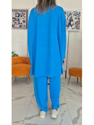 İndigo Mavisi Renk Cepli Pamuklu Viskon Kumaş Şalvar Formlu Takım