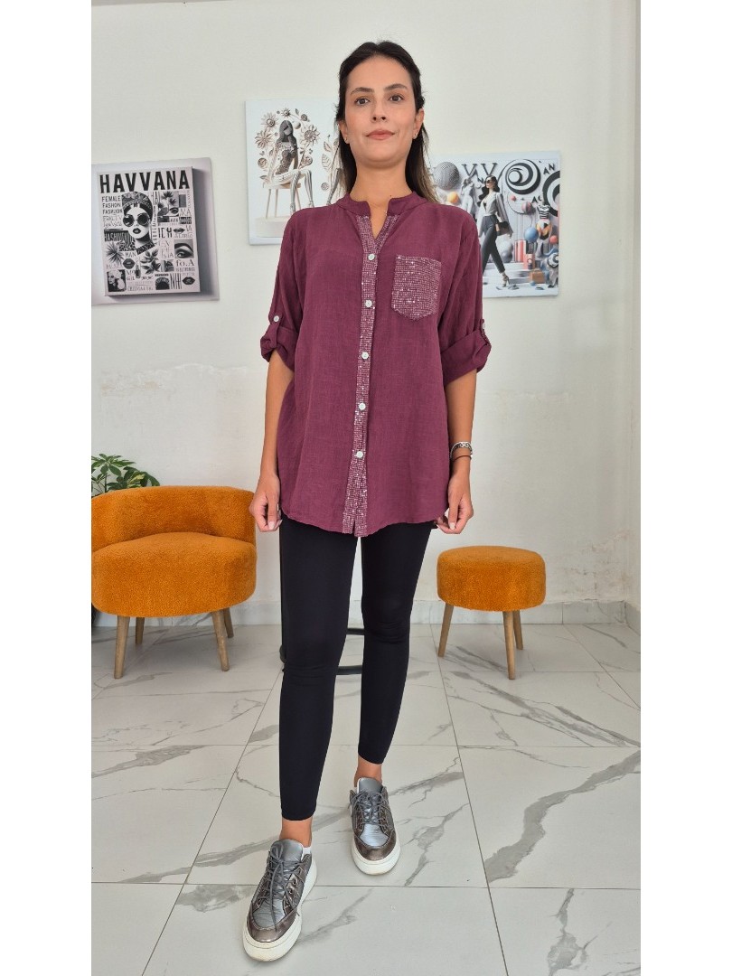 Bordo Renk Pul İşleme Detaylı Premium Keten Kumaş Gömlek Bordo Renk Pul İşleme Detaylı Premium Keten Kumaş Gömlek
