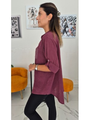 Bordo Renk Pul İşleme Detaylı Premium Keten Kumaş Gömlek Bordo Renk Pul İşleme Detaylı Premium Keten Kumaş Gömlek