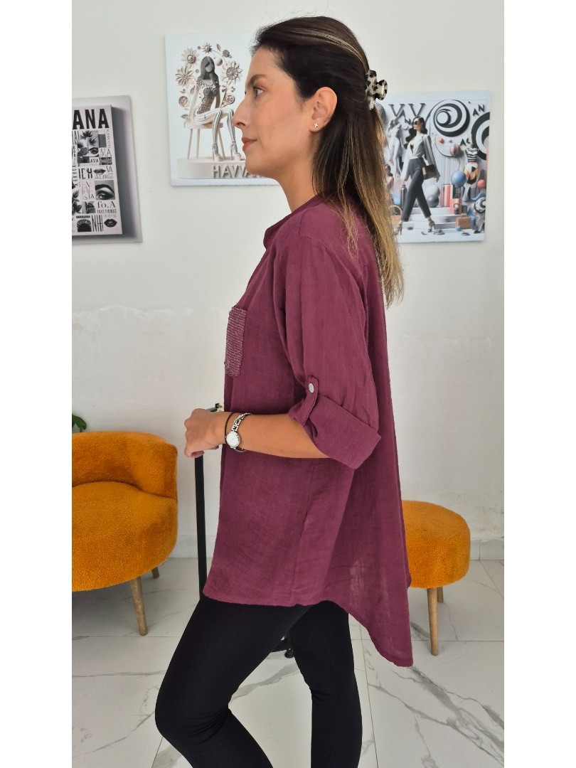 Bordo Renk Pul İşleme Detaylı Premium Keten Kumaş Gömlek Bordo Renk Pul İşleme Detaylı Premium Keten Kumaş Gömlek