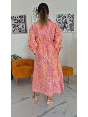 Pembe Turuncu Renk Desenli Fransız Tasarım İthal Tafta Kumaş Elbise