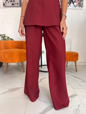 Bordo Renk Belden Oturtmalı Koton Kumaş Bluz