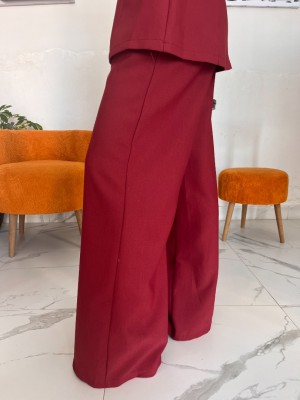 Bordo Renk Belden Oturtmalı Koton Kumaş Bluz
