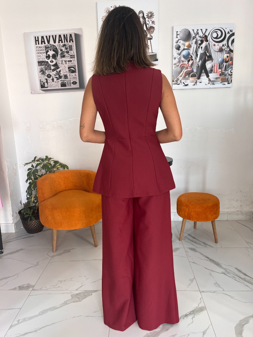 Bordo Renk Belden Oturtmalı Koton Kumaş Bluz