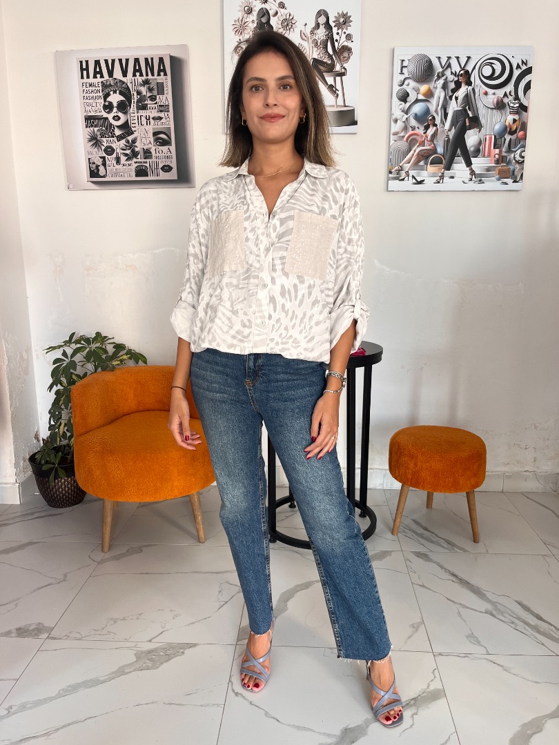 Ebru Renk Desenli Önden Bağlamalı Cep Payet Gömlek Formunda Ceket