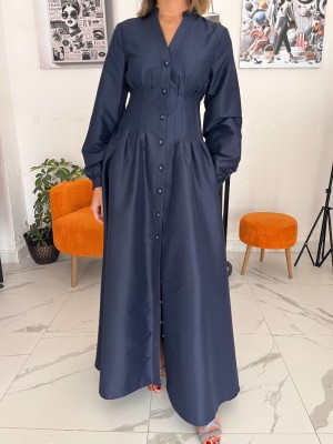 Lacivert Renk Belden Korsajlı Nervür Detaylı Önden Düğmeli İthal Tafta Kumaş Tam Boy Elbise