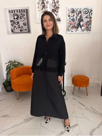 Siyah Renk Önden Düğmeli Kapitoneli Premium Oysho Kumaş Ceket ve Etek Takımı