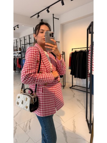 Pembe Renk Kaz Ayağı Desenli Kruvaze Blazer Ceket Pembe Renk Kaz Ayağı Desenli Kruvaze Blazer Ceket