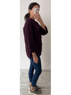 Bordo Renk Ceketi Yakası Kolu Nakışlı Yün Hırka