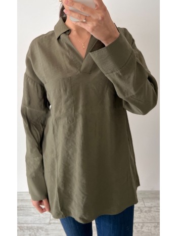 Haki Yeşili Renk Oversize Kesim Krinkıl Kumaş Gömlek Haki Yeşili Renk Oversize Kesim Krinkıl Kumaş Gömlek