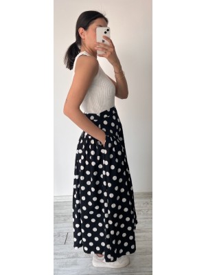 Siyah Renk Beyaz Puantiyeli Beli Korsajlı Koton Kumaş Etek