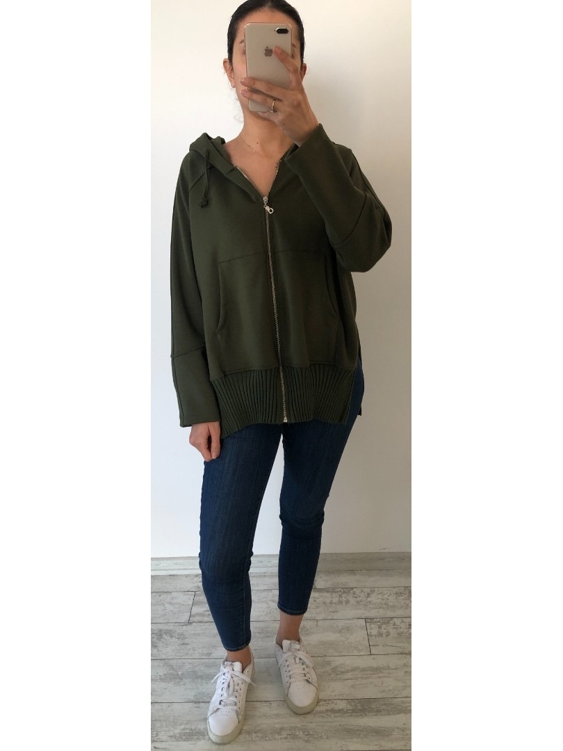 Haki Yeşili Renk Fermuarlı Modal Kumaş Sweatshirt