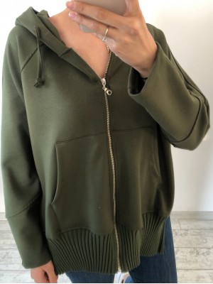 Haki Yeşili Renk Fermuarlı Modal Kumaş Sweatshirt