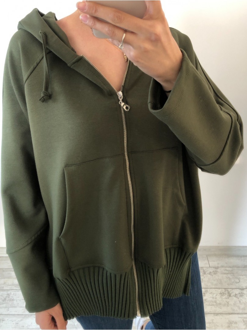 Haki Yeşili Renk Fermuarlı Modal Kumaş Sweatshirt