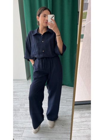 Lacivert Renk Oversize Yarım Kol Keten Kumaş Gömlek ve Pantolon Takımı