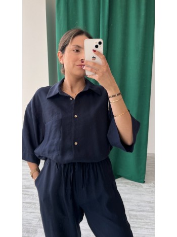 Lacivert Renk Oversize Yarım Kol Keten Kumaş Gömlek ve Pantolon Takımı