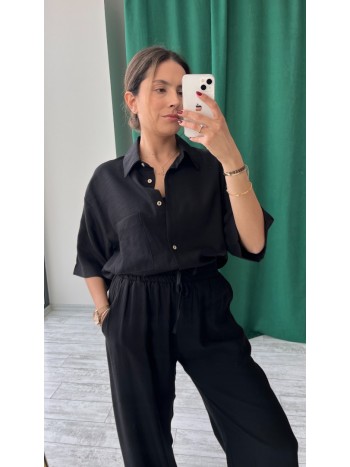 Siyah Renk Oversize Yarım Kol Keten Kumaş Gömlek ve Pantolon Takımı