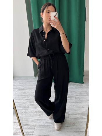 Siyah Renk Oversize Yarım Kol Keten Kumaş Gömlek ve Pantolon Takımı