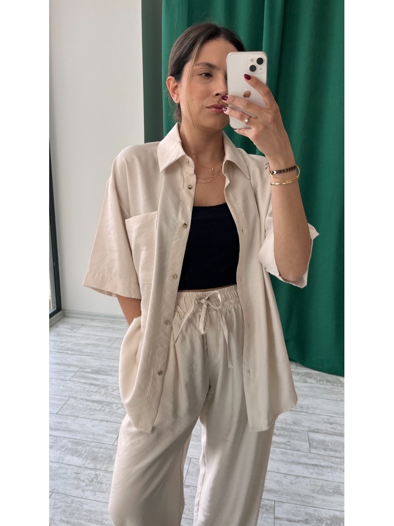 Krem Renk Oversize Yarım Kol Keten Kumaş Gömlek ve Pantolon Takımı