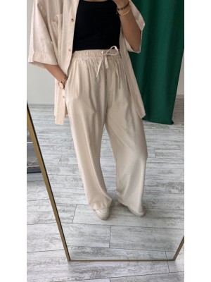 Krem Renk Oversize Yarım Kol Keten Kumaş Gömlek ve Pantolon Takımı