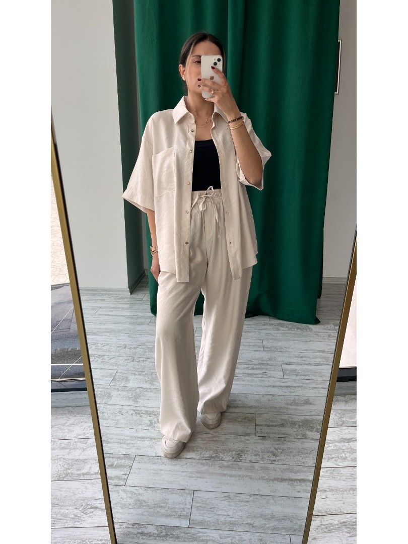Krem Renk Oversize Yarım Kol Keten Kumaş Gömlek ve Pantolon Takımı
