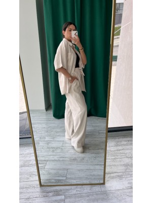 Krem Renk Oversize Yarım Kol Keten Kumaş Gömlek ve Pantolon Takımı