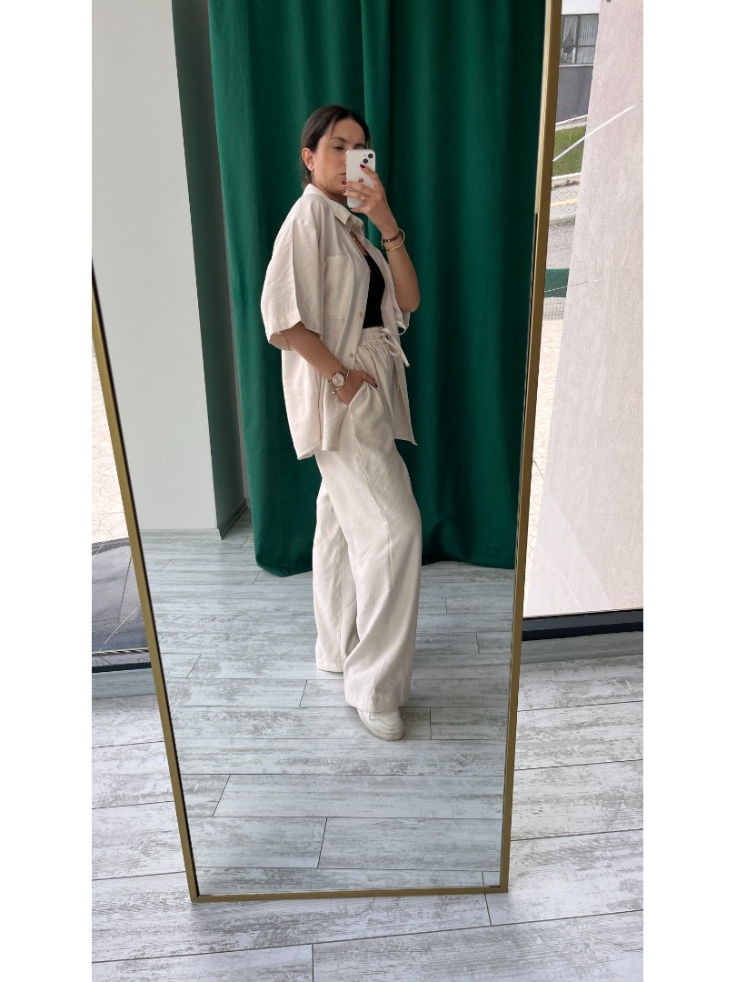 Krem Renk Oversize Yarım Kol Keten Kumaş Gömlek ve Pantolon Takımı