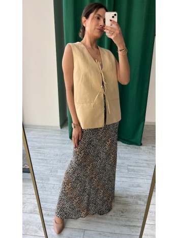 Siyah Renk Leopar Desenli Premium Saten Kumaş Tam Boy Etek