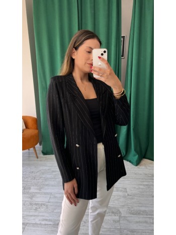 Siyah Renk Çizgili Keten Kumaş Blazer Ceket