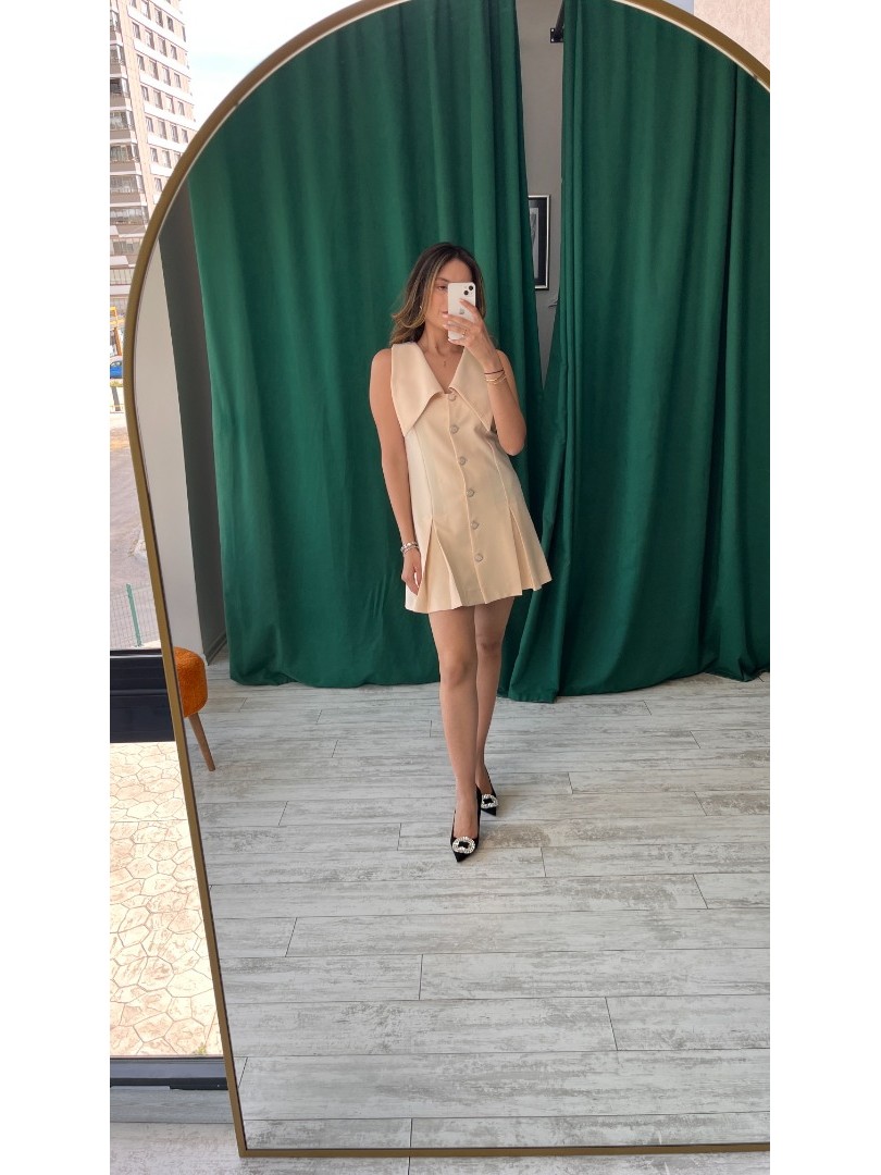 Krem Renk Önden Düğmeli Özel Tasarım Premium Koton Kumaş Mini Elbise