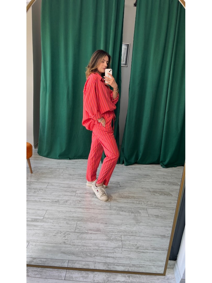 Nar Çiçeği Renk Çizgili Premium Pamuk Kumaş Gömlek ve Pantolon Takımı