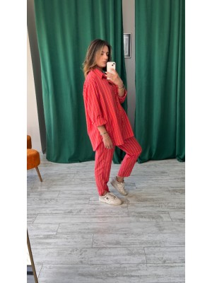 Nar Çiçeği Renk Çizgili Premium Pamuk Kumaş Gömlek ve Pantolon Takımı