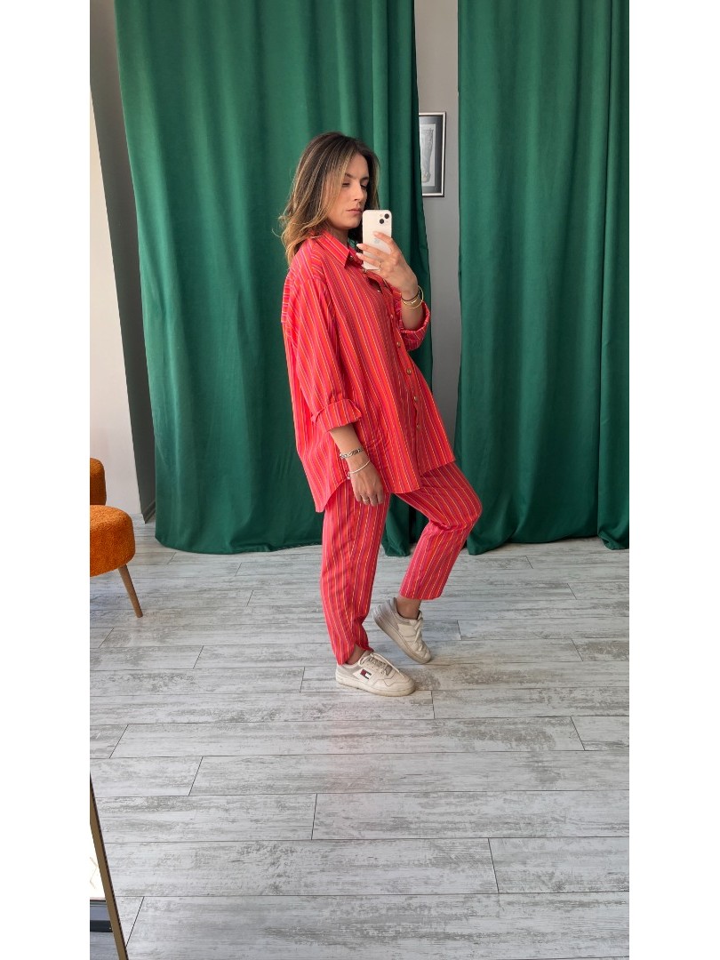 Nar Çiçeği Renk Çizgili Premium Pamuk Kumaş Gömlek ve Pantolon Takımı