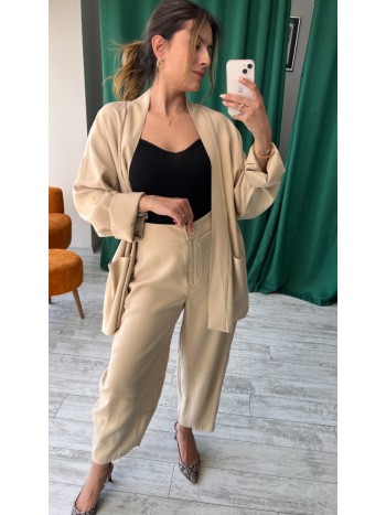 Krem Renk Cepli Kimono Tarzı Keten Kumaş Ceket