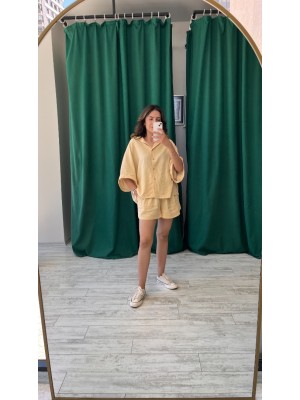 Kavun Renk Cepli Oversize Kesim Keten Kumaş Gömlek ve Şort Takımı Kavun Renk Cepli Oversize Kesim Keten Kumaş Gömlek ve Şort Takımı