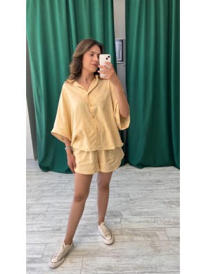 Kavun Renk Cepli Oversize Kesim Keten Kumaş Gömlek ve Şort Takımı Kavun Renk Cepli Oversize Kesim Keten Kumaş Gömlek ve Şort Takımı