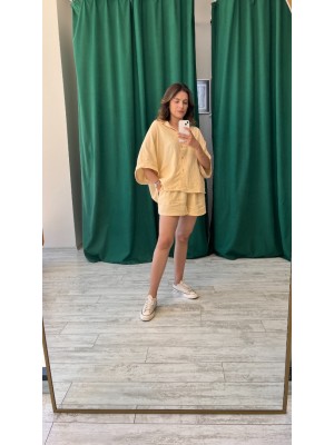 Kavun Renk Cepli Oversize Kesim Keten Kumaş Gömlek ve Şort Takımı Kavun Renk Cepli Oversize Kesim Keten Kumaş Gömlek ve Şort Takımı