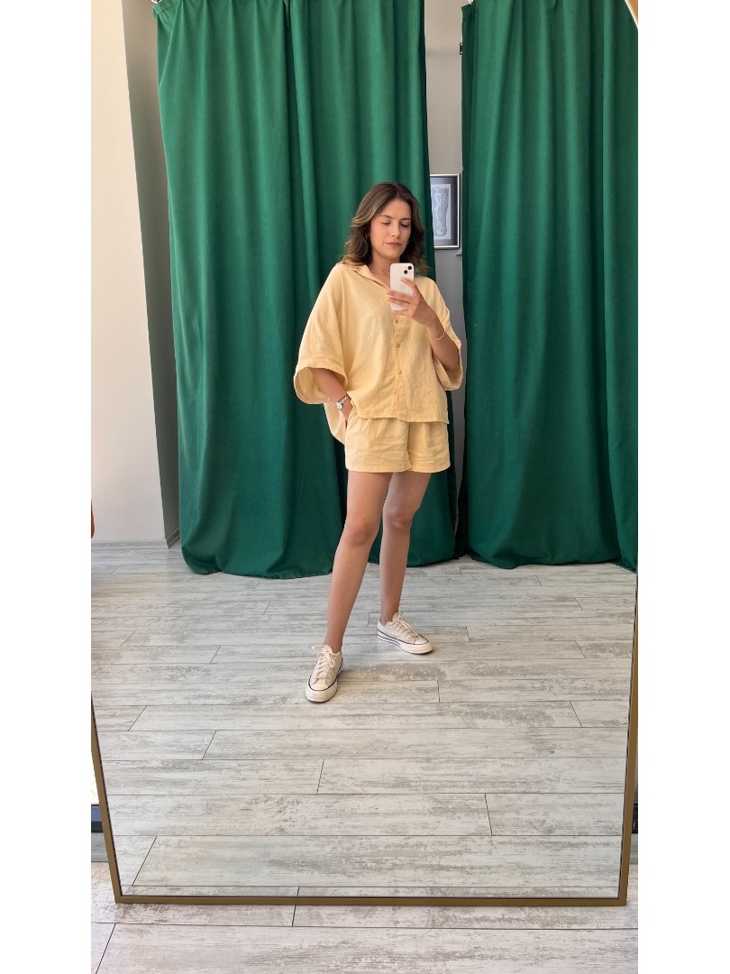 Kavun Renk Cepli Oversize Kesim Keten Kumaş Gömlek ve Şort Takımı Kavun Renk Cepli Oversize Kesim Keten Kumaş Gömlek ve Şort Takımı