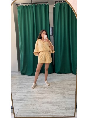 Kavun Renk Cepli Oversize Kesim Keten Kumaş Gömlek ve Şort Takımı Kavun Renk Cepli Oversize Kesim Keten Kumaş Gömlek ve Şort Takımı