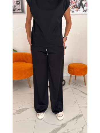 Siyah Renk Vatkalı  Bluz ve Cepli Düz Paça Pantolon Premium Oysho Kumaş Takım
