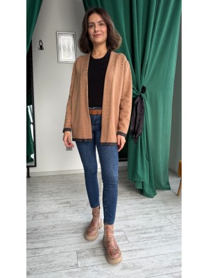 Camel Renk Kol Kenarları Simli Örme Triko Yün Kumaş Kadın Hırka