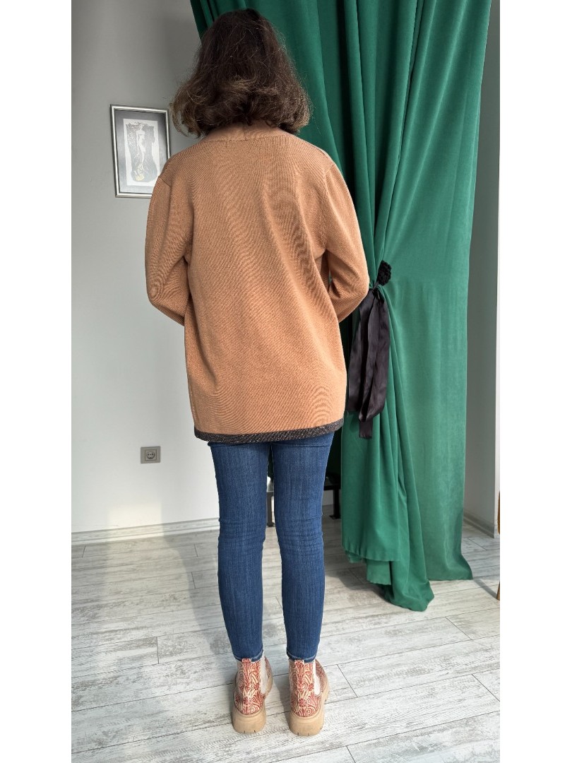 Camel Renk Kol Kenarları Simli Örme Triko Yün Kumaş Kadın Hırka