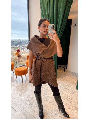 Kahverengi Yumuşak Dokulu Uzun Boy Kolsuz Yelek